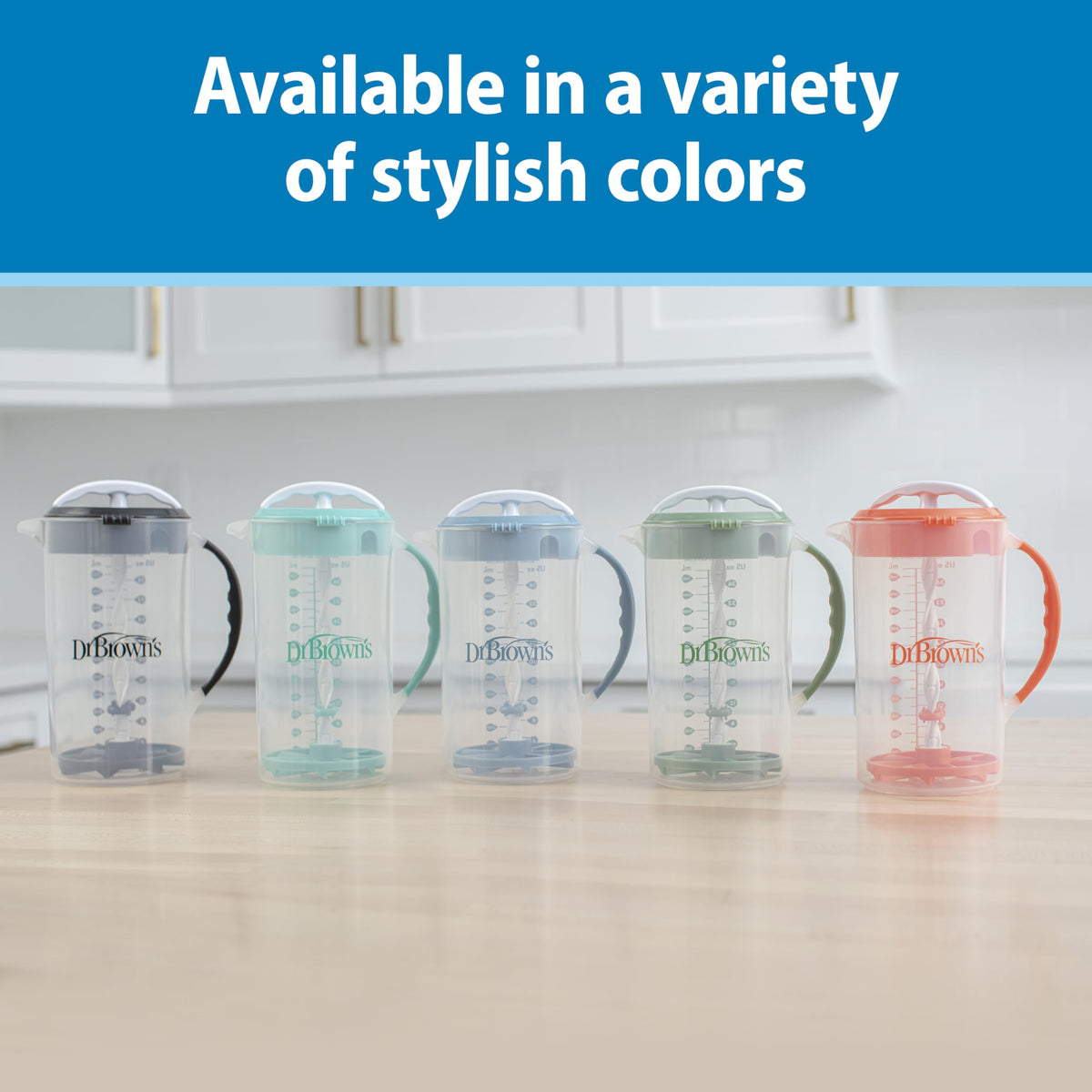 Dr. Brown's 36 Ounce formula mixing pitcher sitting on a kitchen counter prepared for multiple nighttime feeds.
