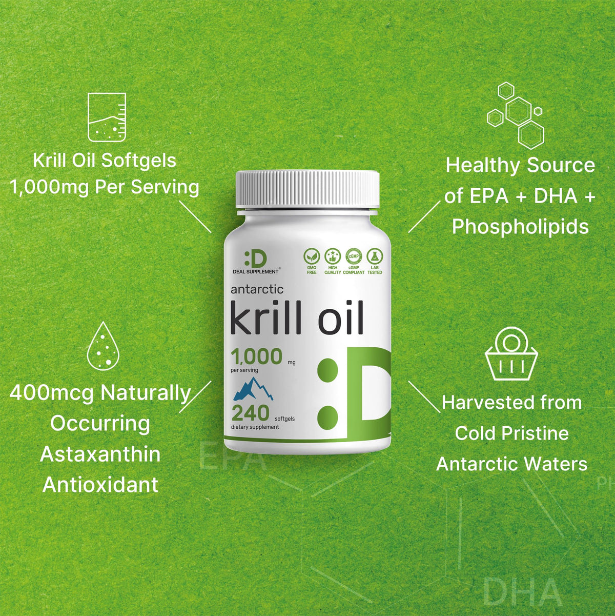 Deal Supplement Antarctic Krill Oil showing softgel size and clear reddish astaxanthin color