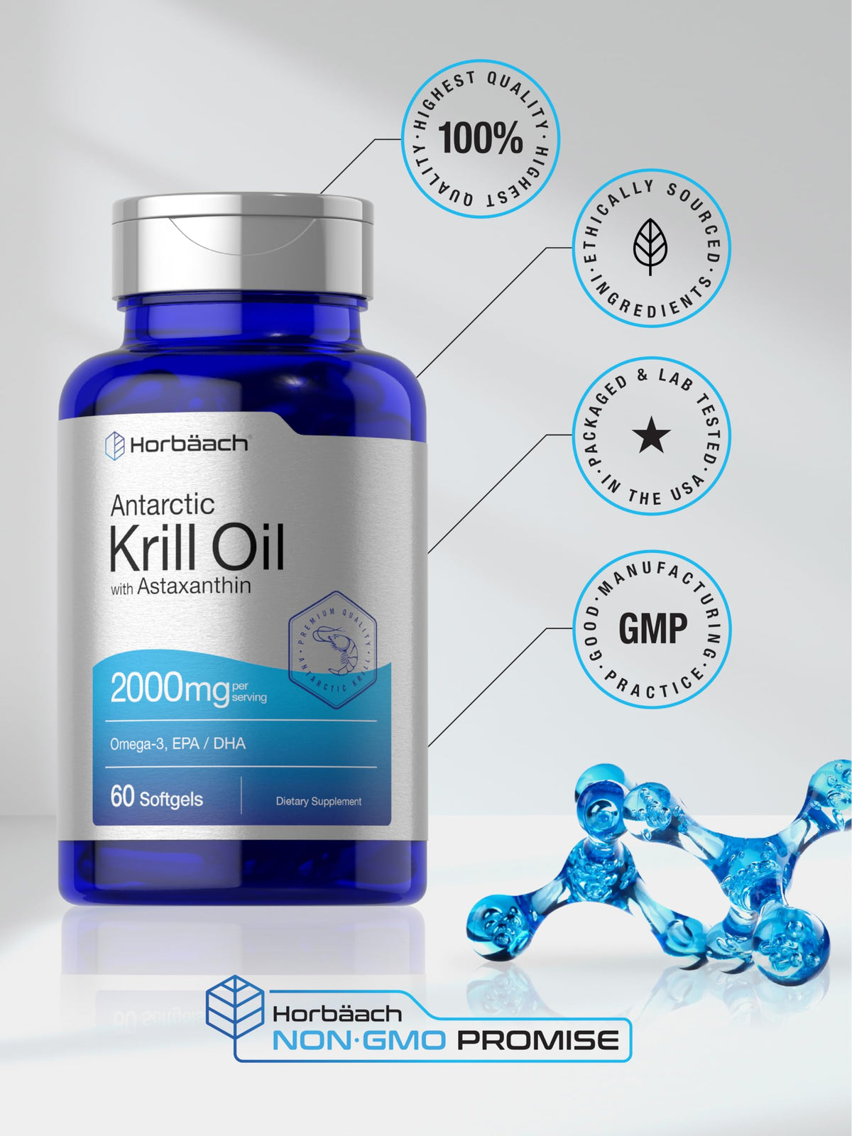 Horbäach Antarctic Krill Oil softgels pour out view highlighting capsule clarity