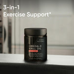 Sports Research omega three krill oil bottle displaying heart joint and brain health support benefits.