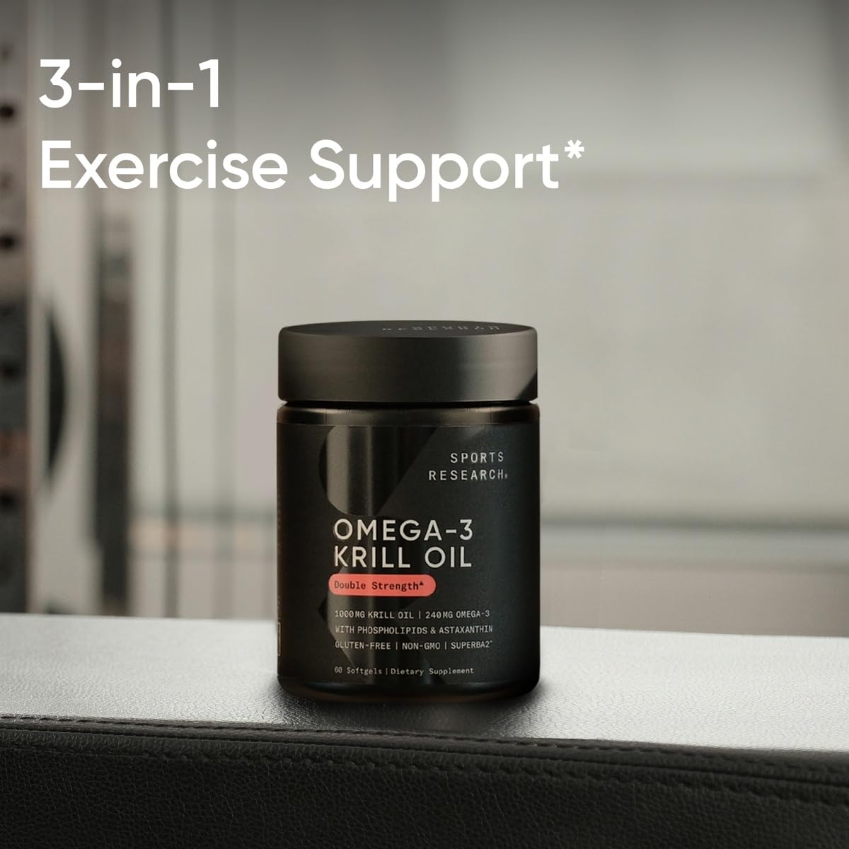 Sports Research omega three krill oil bottle displaying heart joint and brain health support benefits.