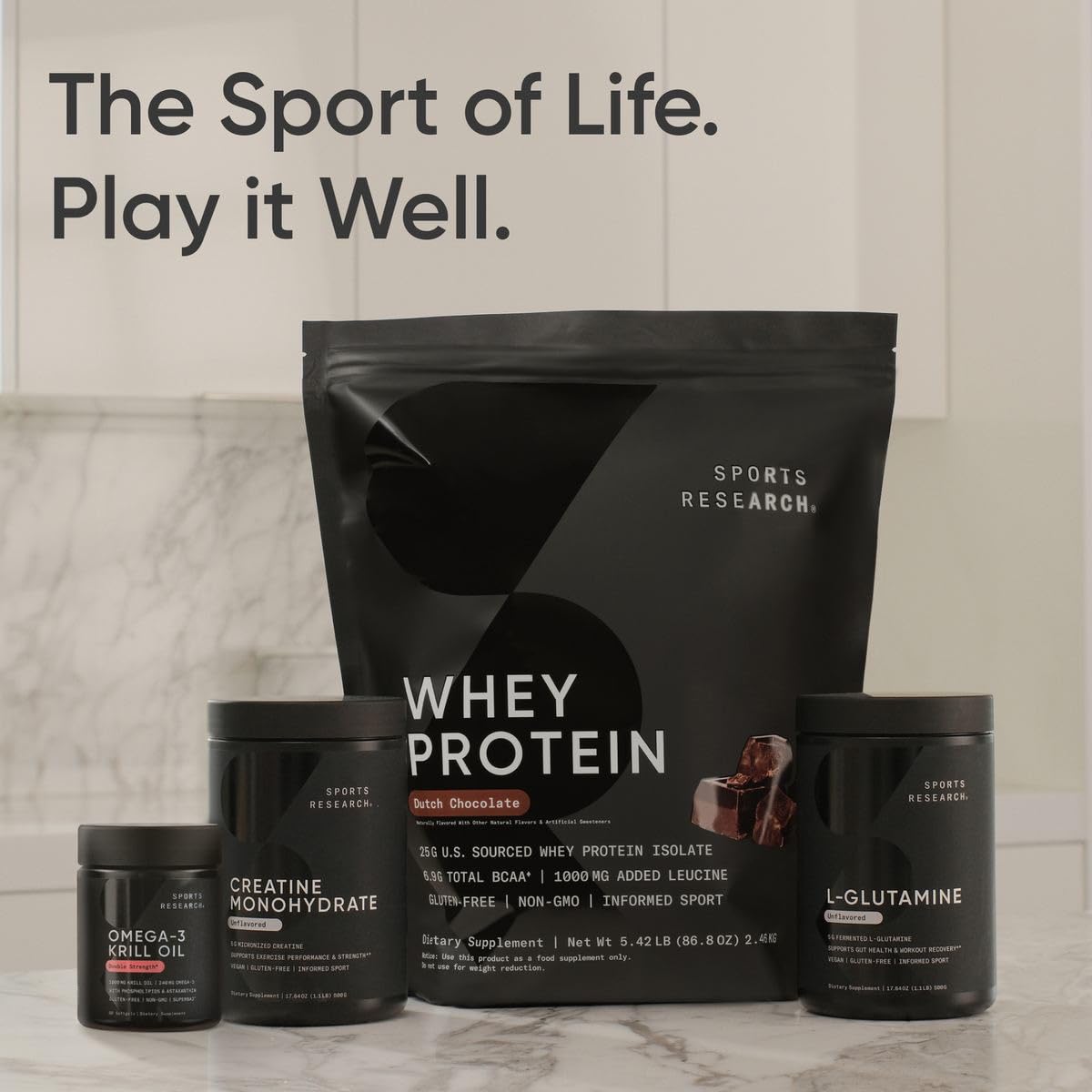 Premium imported Sports Research dietary supplement showing directions for use and daily dosage recommendations.