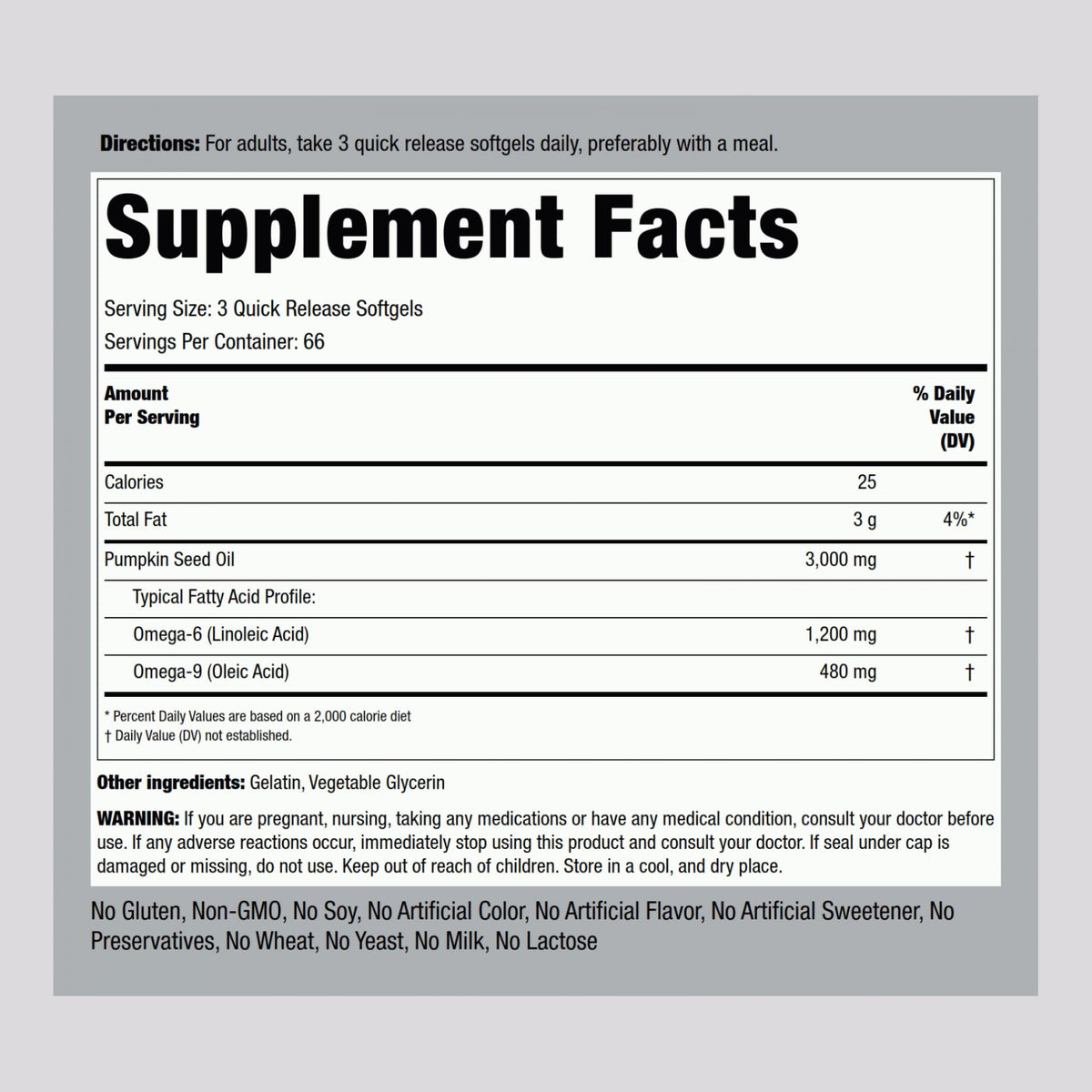 Piping Rock Pumpkin Seed Oil supplement bottle nutritional label