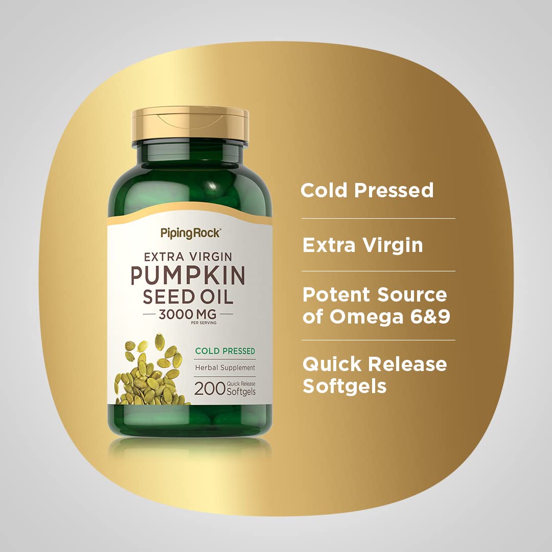 Close up of Piping Rock pumpkin seed oil quick release softgels