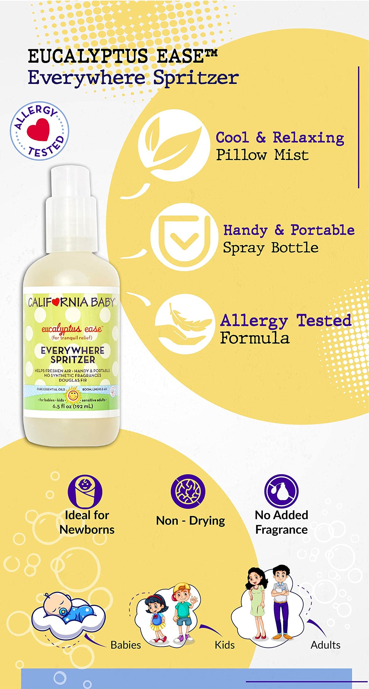 Side view of California Baby Eucalyptus Ease 6.5 fluid ounce spray