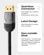 Full length shot of the three feet one meter Zeskit Maya DisplayPort 2.1 cable neatly coiled for desktop management.