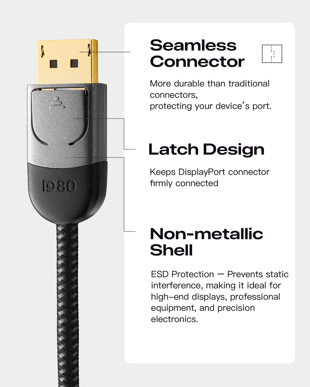 Full length shot of the three feet one meter Zeskit Maya DisplayPort 2.1 cable neatly coiled for desktop management.
