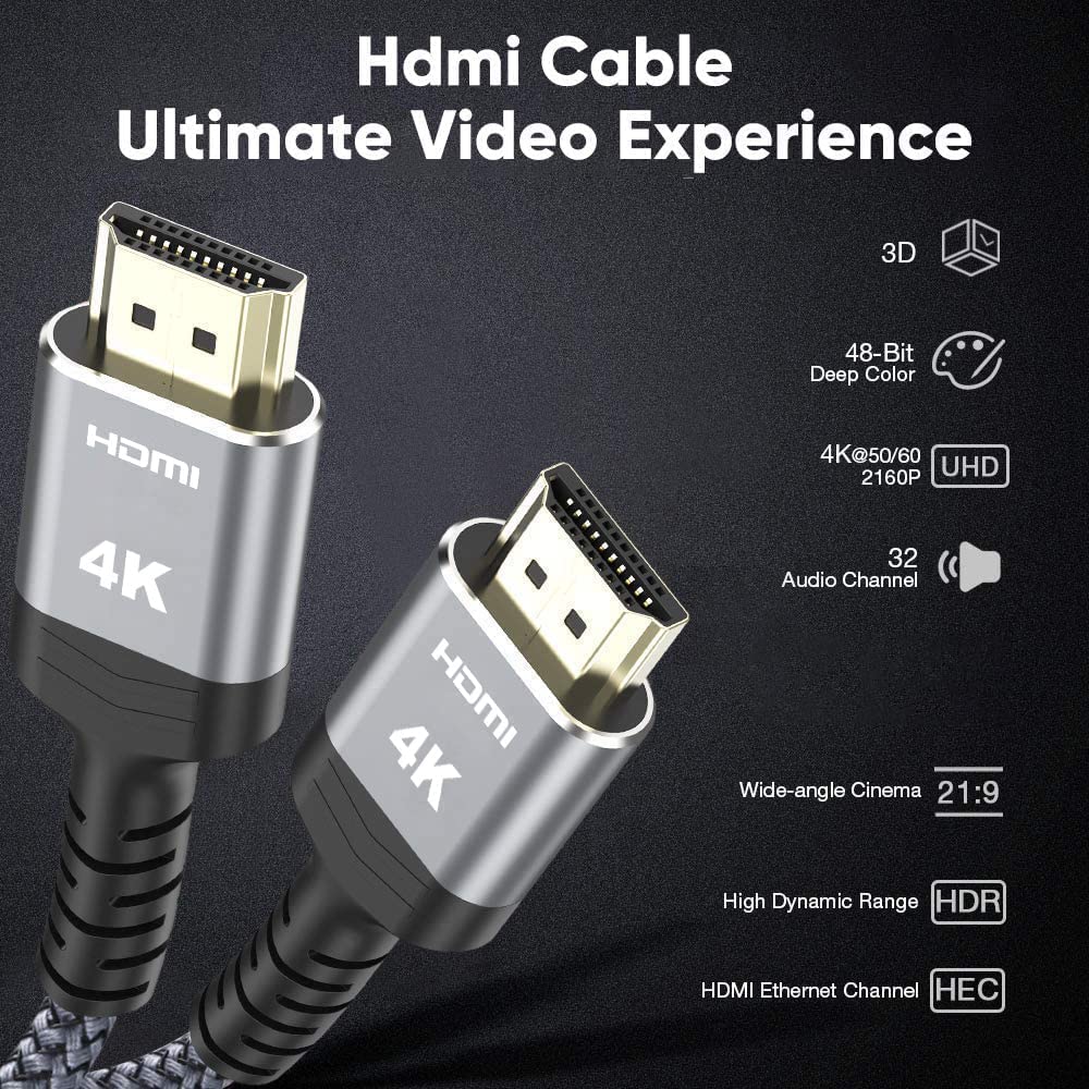 Highwings long entertainment cable highlighting the robust black and gray braided exterior.