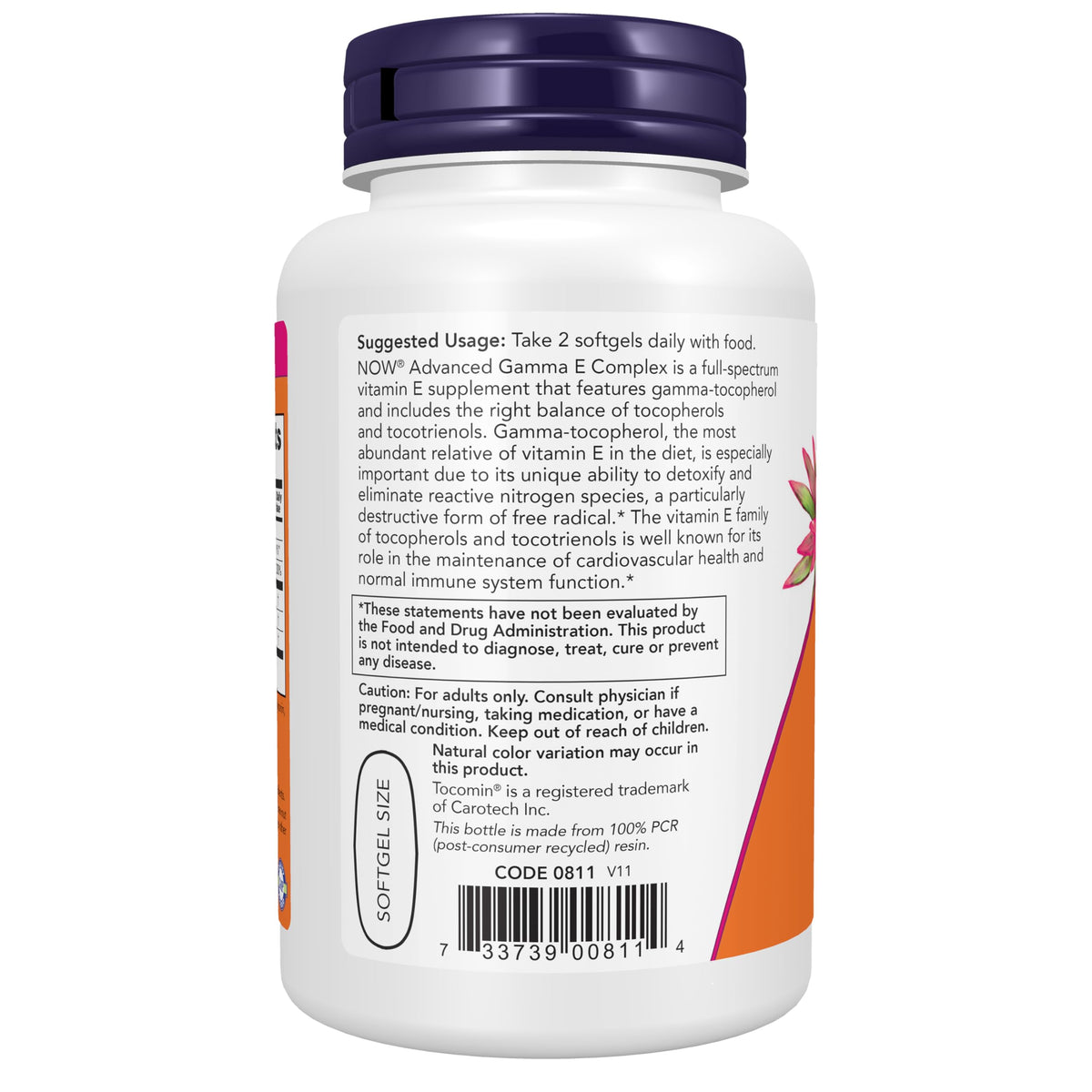 NOW Foods Gamma E Complex antioxidant softgels bottle label details