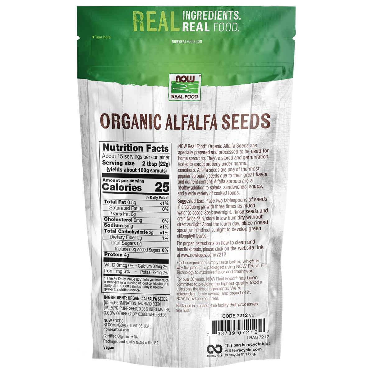 Close up of certified non-GMO alfalfa seeds packaging