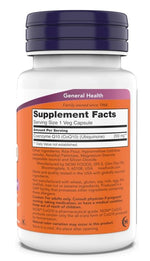 Back label of NOW Foods Coenzyme Q10 showing supplement facts and plant based ingredients.