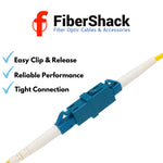 Close up view of Fibershack blue LC to LC fiber optic female adapters