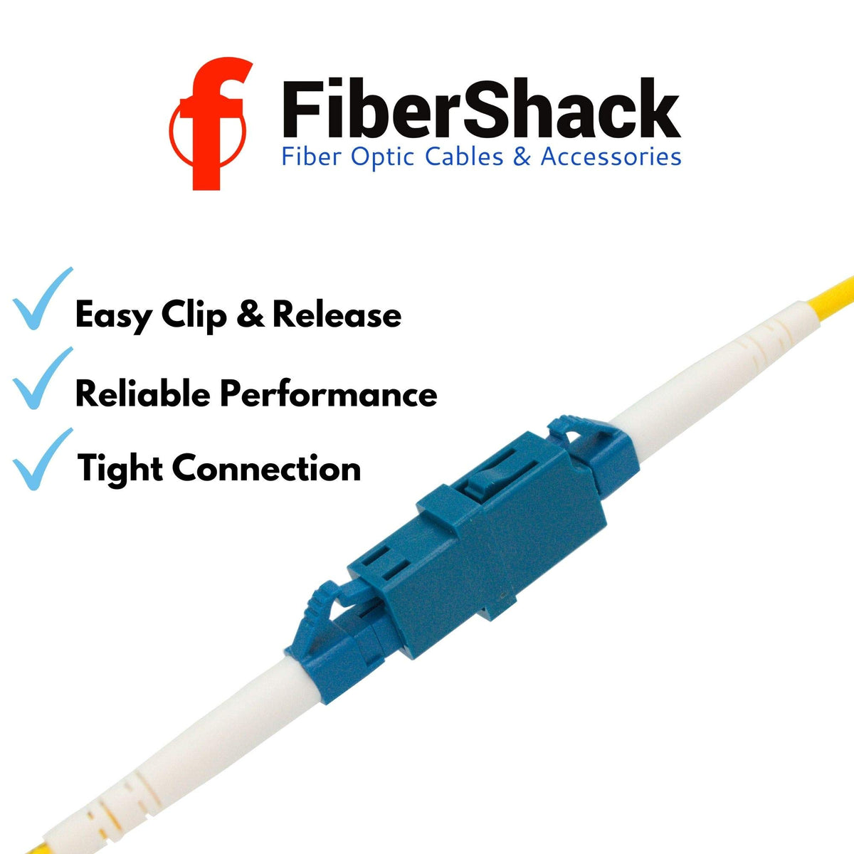 Close up view of Fibershack blue LC to LC fiber optic female adapters