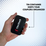 Open metal tin revealing 20 pack of organized fiber optic couplers