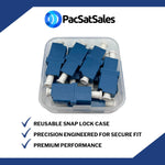 Close up of PacSatSales LC fiber adapter with dust cap