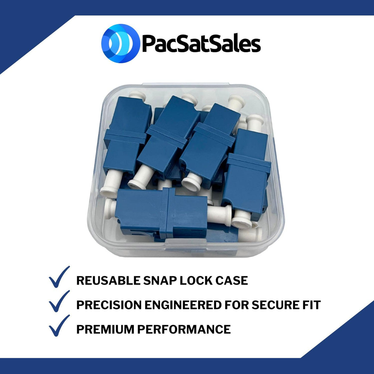 Close up of PacSatSales LC fiber adapter with dust cap