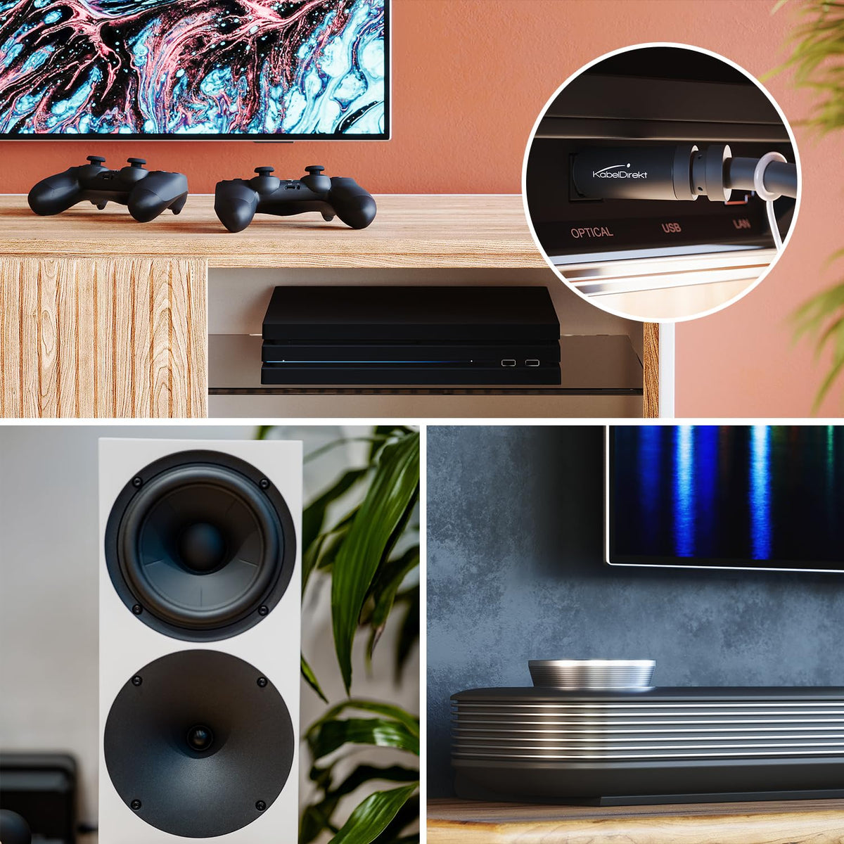KabelDirekt digital audio adapter connected to a soundbar and TV