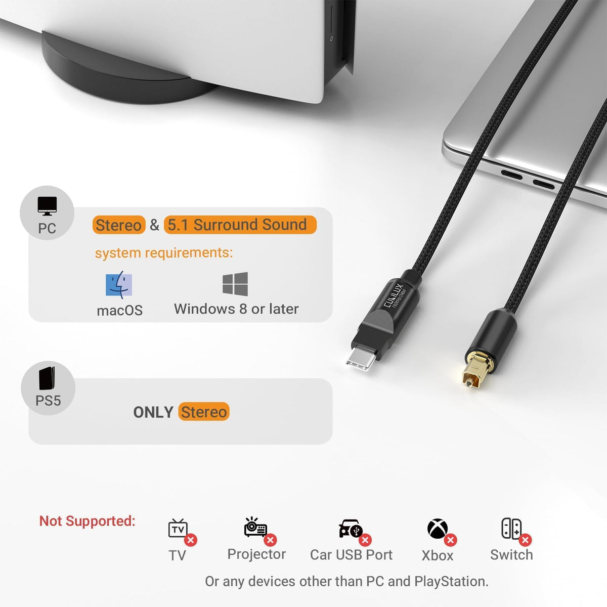 Cubilux USB C to optical cable showing braided jacket texture