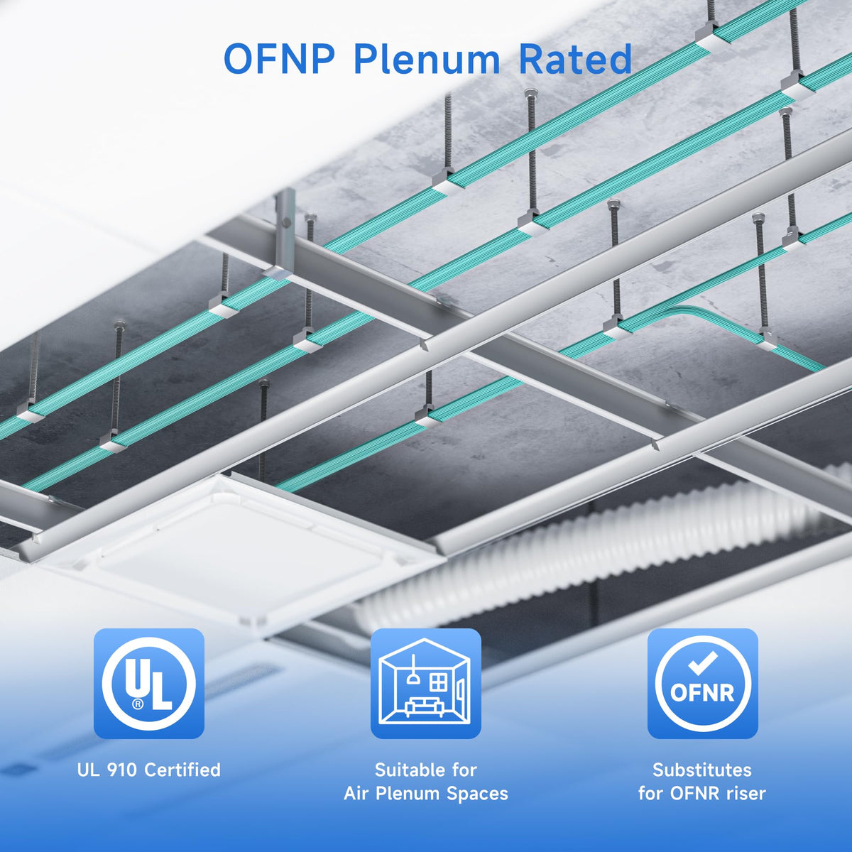 Cable Matters fiber cable showing OFNP plenum rating label