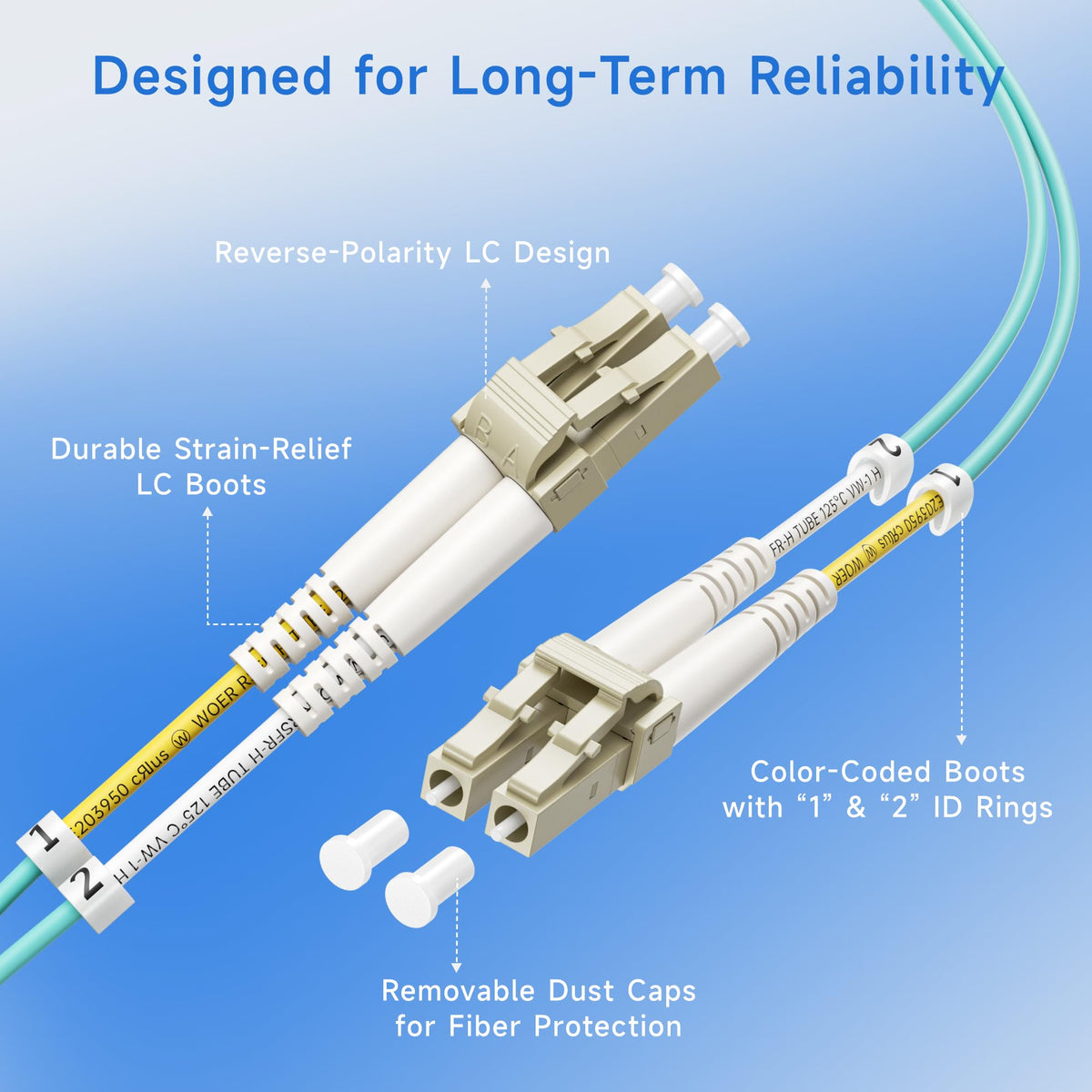 Multi-angle view of aqua colored OM3 multimode duplex cable