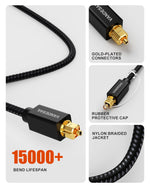 Close up of gold plated toslink connector on nylon cable