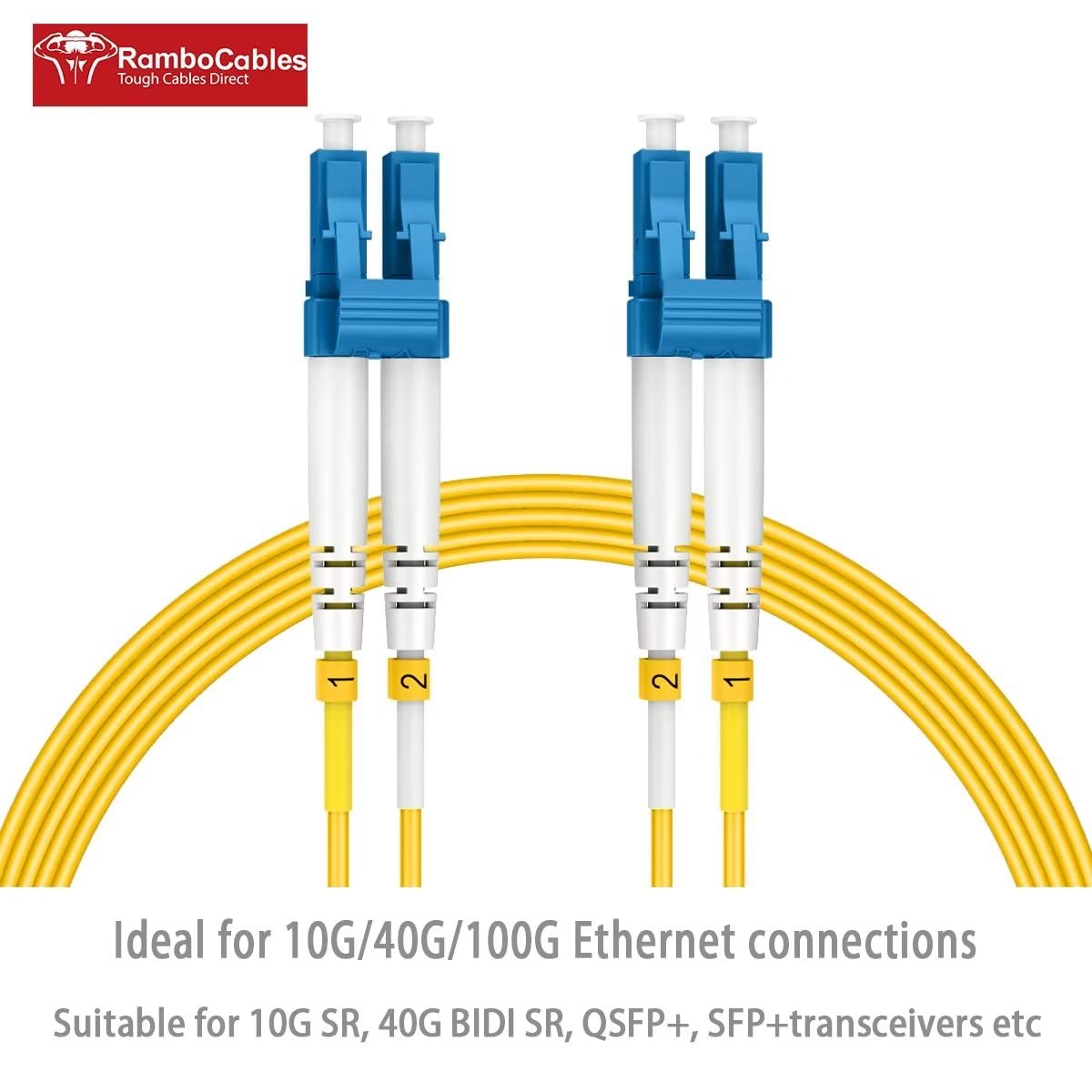Close up of RamboCables 9/125 micron duplex LC connectors