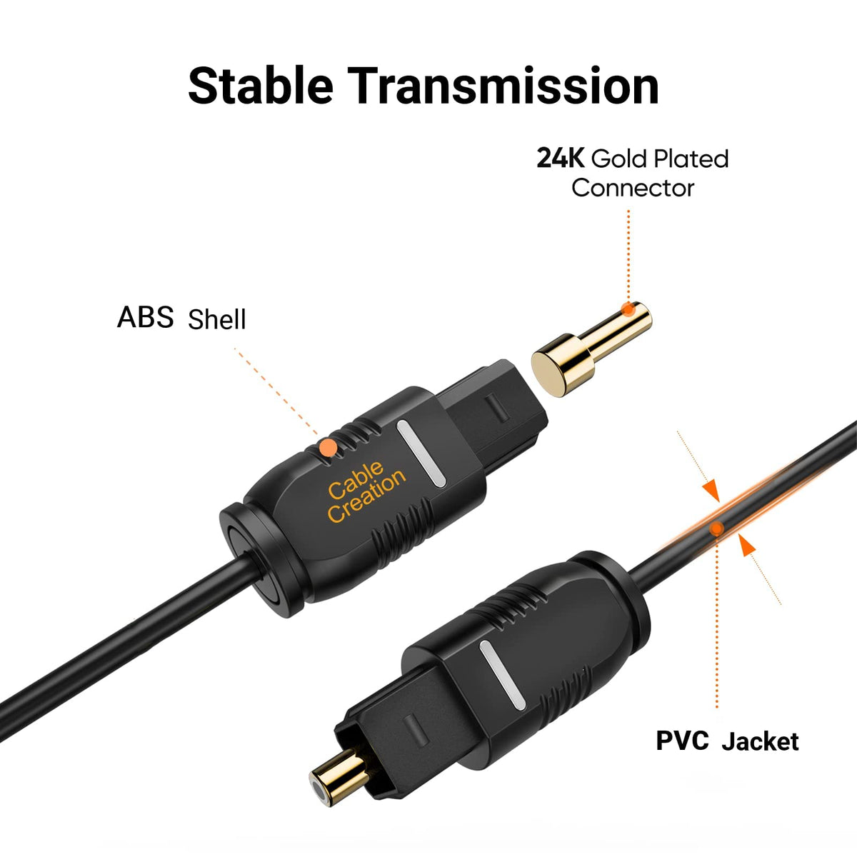 Close up of 24K gold-plated Toslink connector on fiber optic cable.