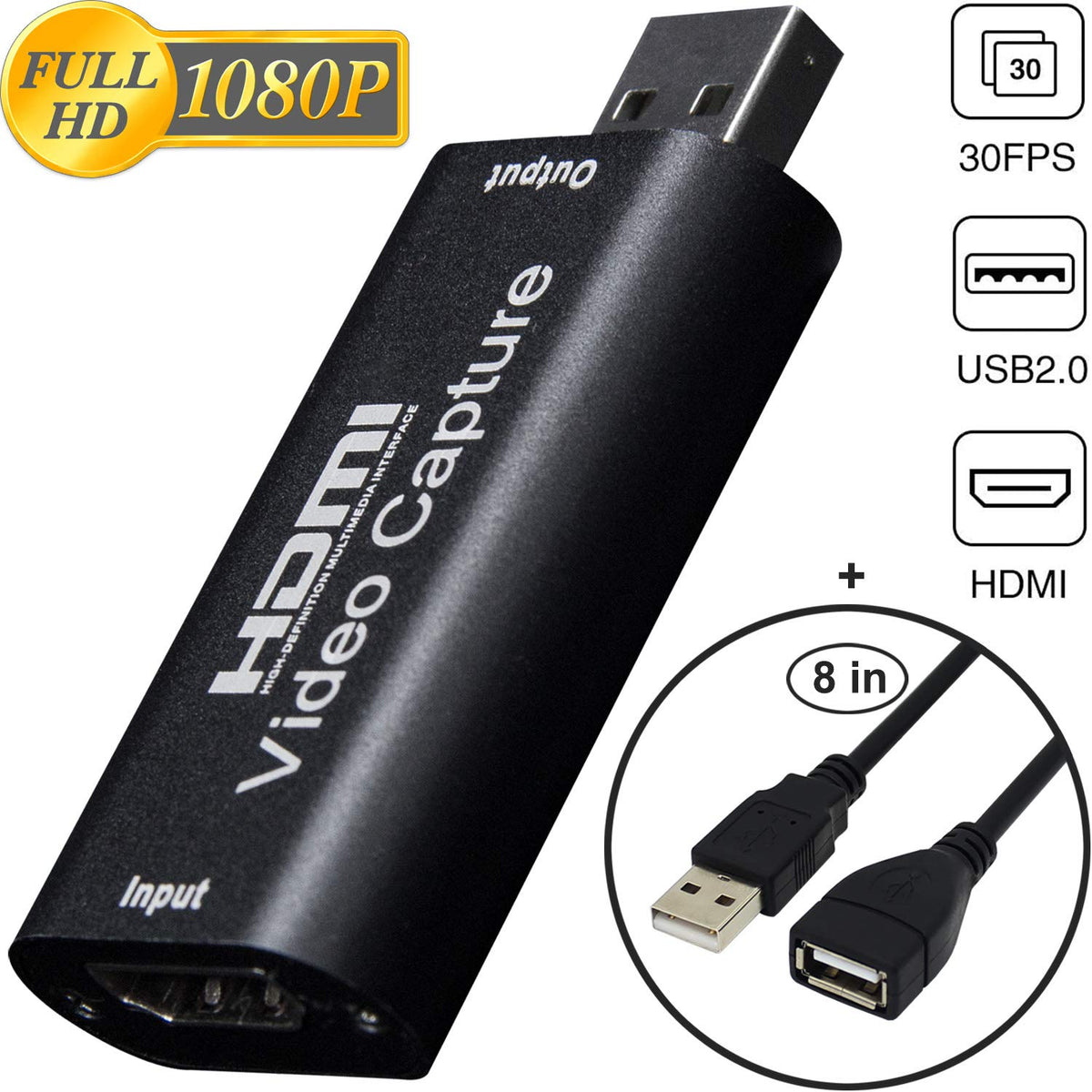 BlueAVS HDMI to USB 1080P streaming device showcasing the gold-plated HDMI input connection.