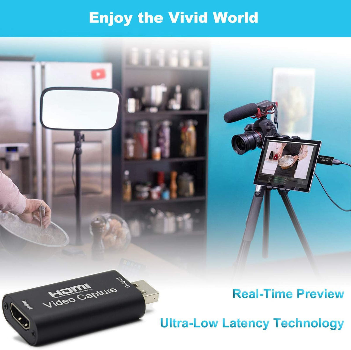 BlueAVS live video recording adapter shown alongside compatible camera hookups.