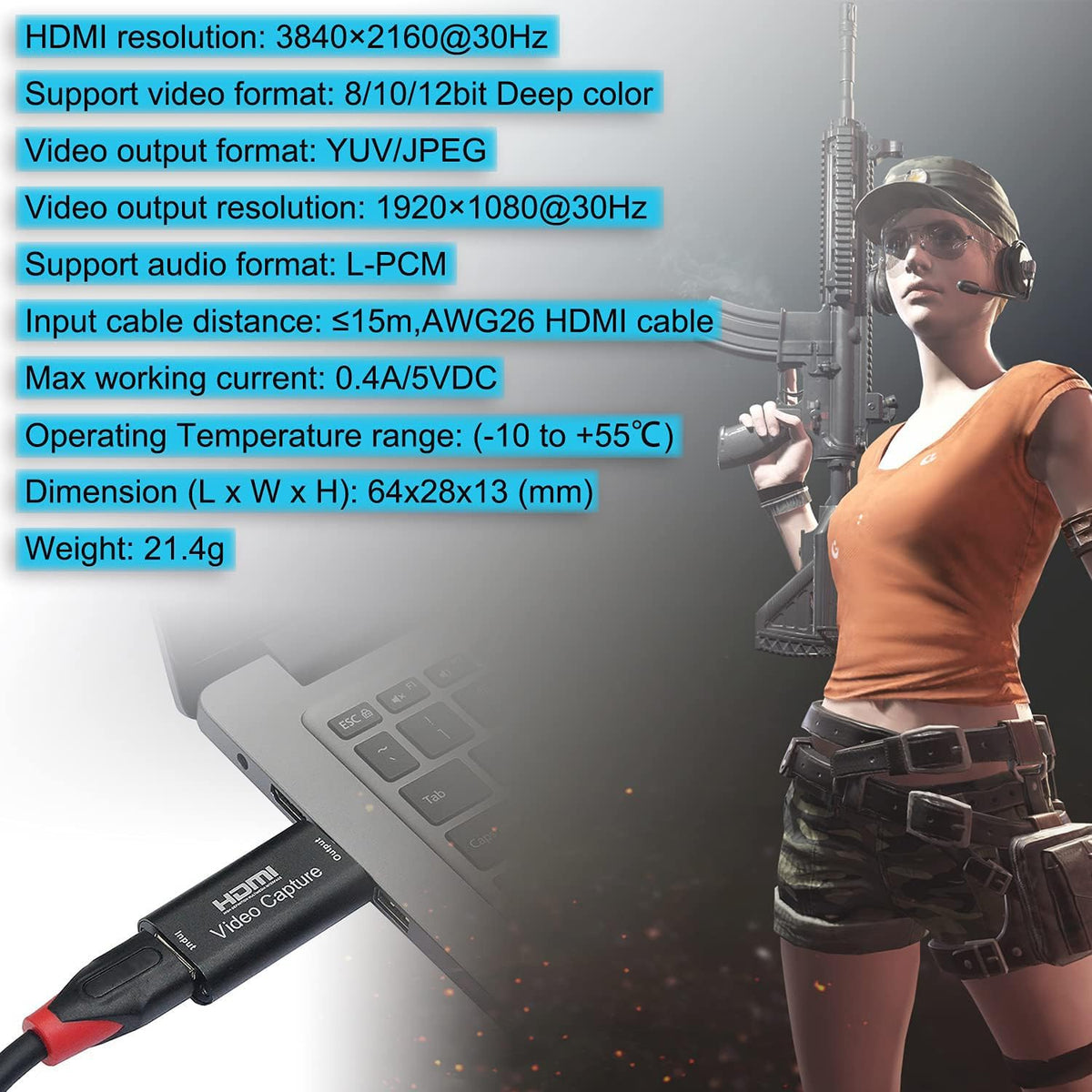 BlueAVS 1080P 30FPS hardware capture device detailing the compact portable body shape.