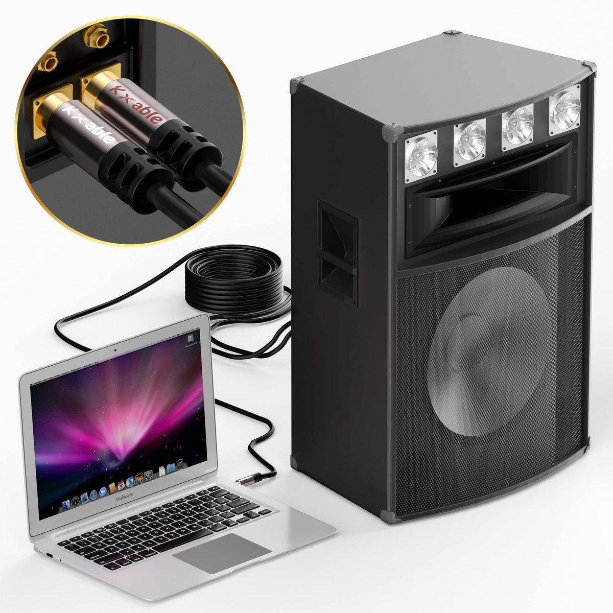 Kxable Y-splitter cable connected to home audio amplifier