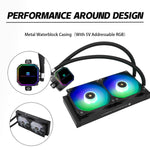 Dual 120mm TL-E12 series PWM fans attached to the black aluminum fin cold plate radiator.