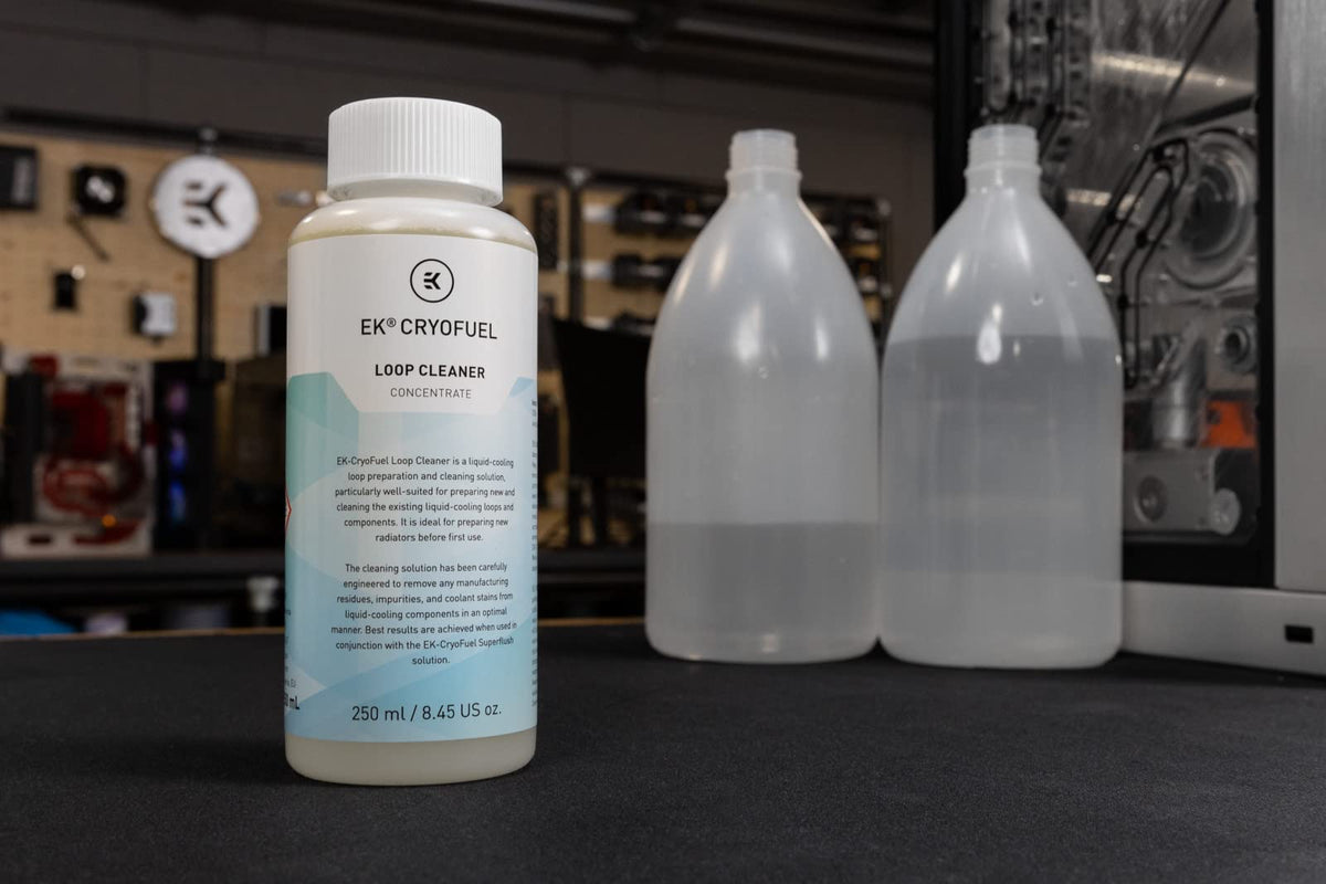 EK-CryoFuel custom loop cleaning kit back label detailing safety information and dilution guidelines