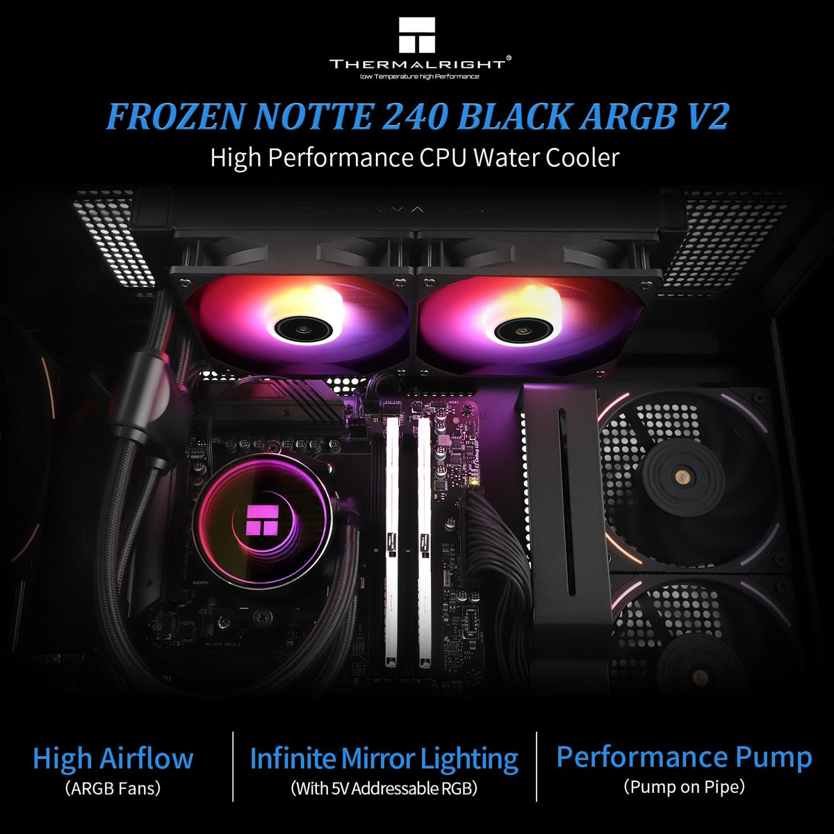 Thermalright 240mm liquid cooler pump head featuring addressable RGB lighting profile