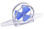 Alphacool custom PC liquid loop flow monitor with blue fins showing internal propeller detail