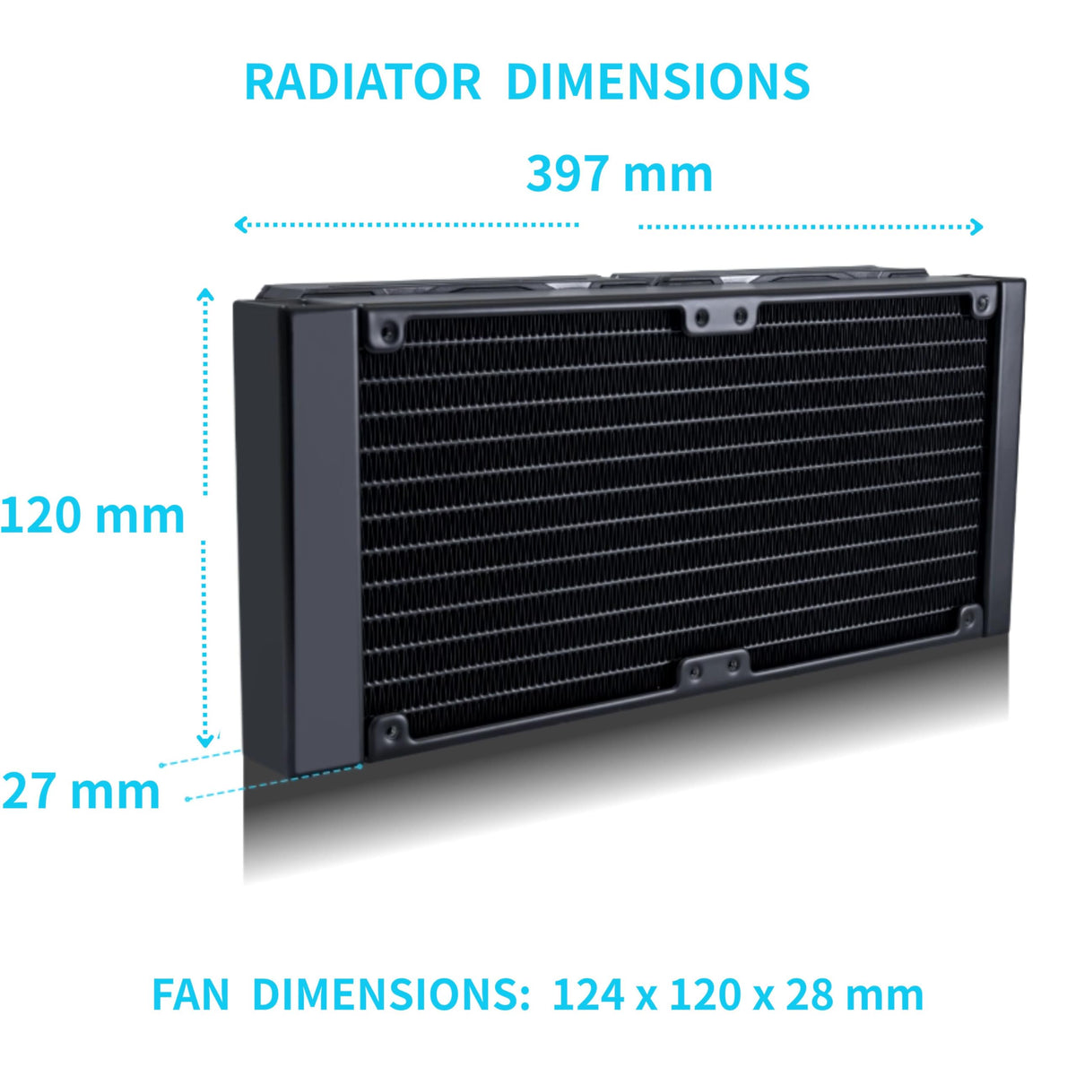 Lian Li 360mm AIO cooler rear perspective detailing the durable rubber tubing and aluminium radiator structure