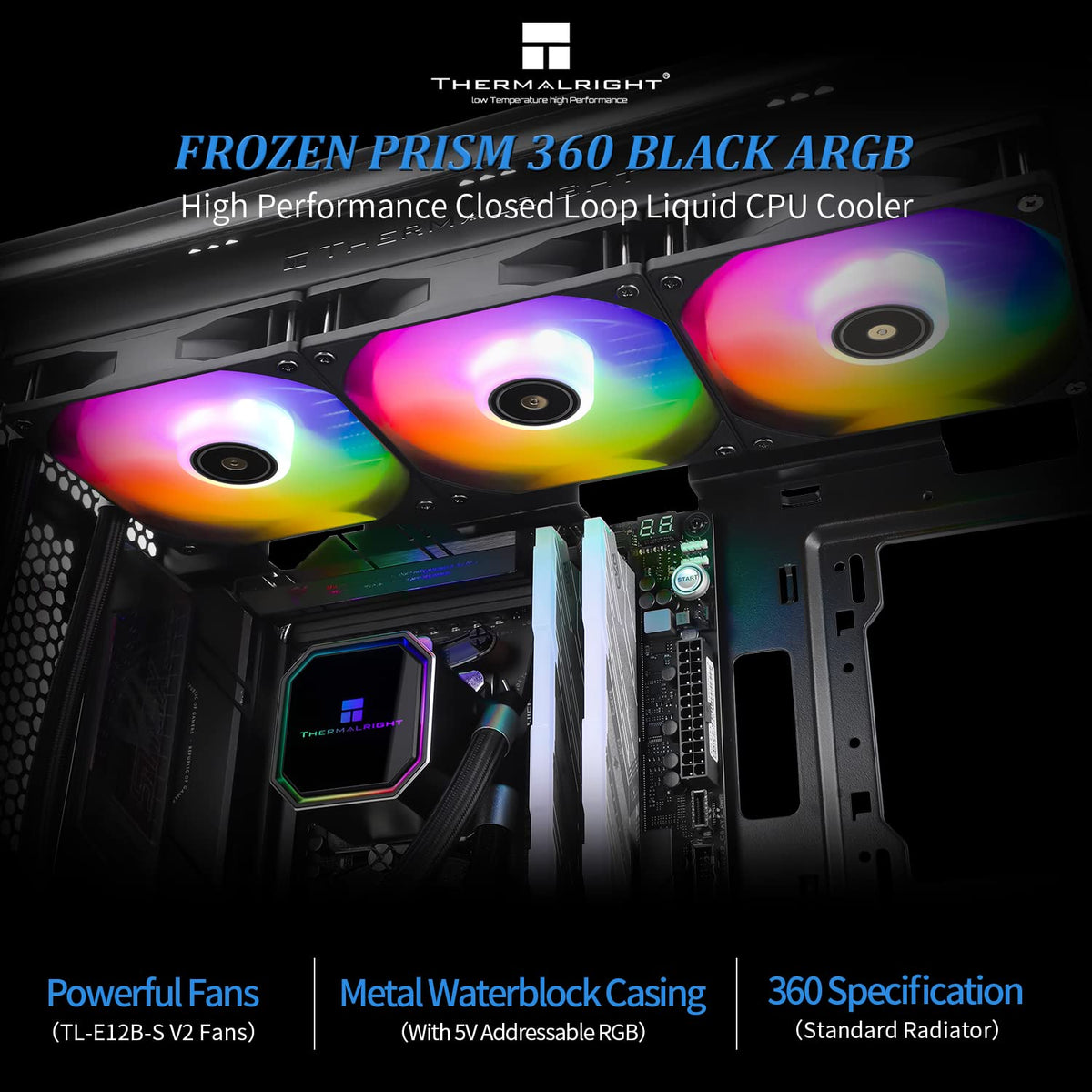 Close-up of the Thermalright Frozen Prism 360 fourth-generation 3300 RPM aluminum pump head with magnetic removable top cover.