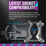 Cooler Master MasterLiquid ML240L RGB V2 unboxed showing all included mounting brackets and screws.