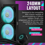 Illuminated view of the customizable RGB lighting effects on the Cooler Master liquid cooler pump head.