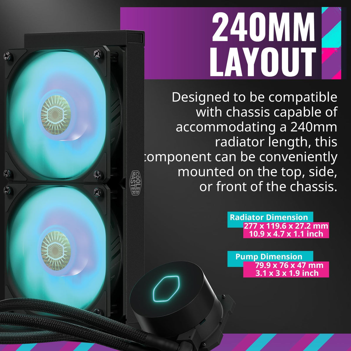 Illuminated view of the customizable RGB lighting effects on the Cooler Master liquid cooler pump head.