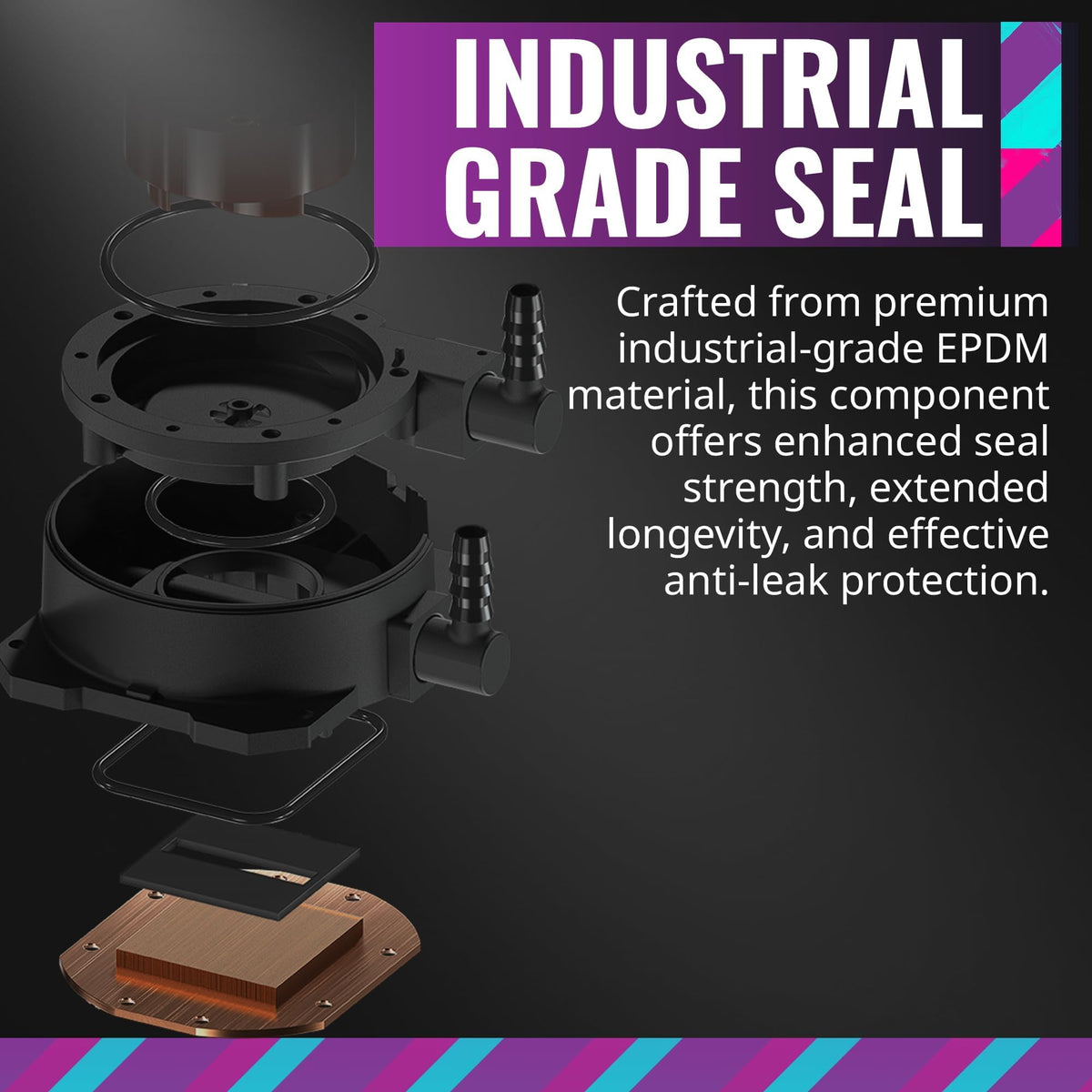 Detailed view of the industrial grade EPDM rubber tubing connections on the Cooler Master radiator.