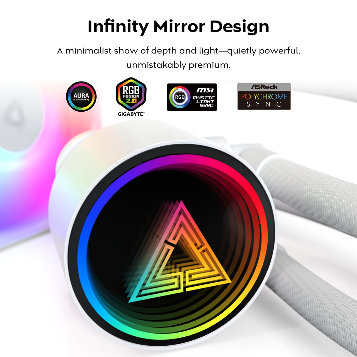 Montech LightFlow ARGB 360 white water block showing the illuminated infinity mirror design close up.