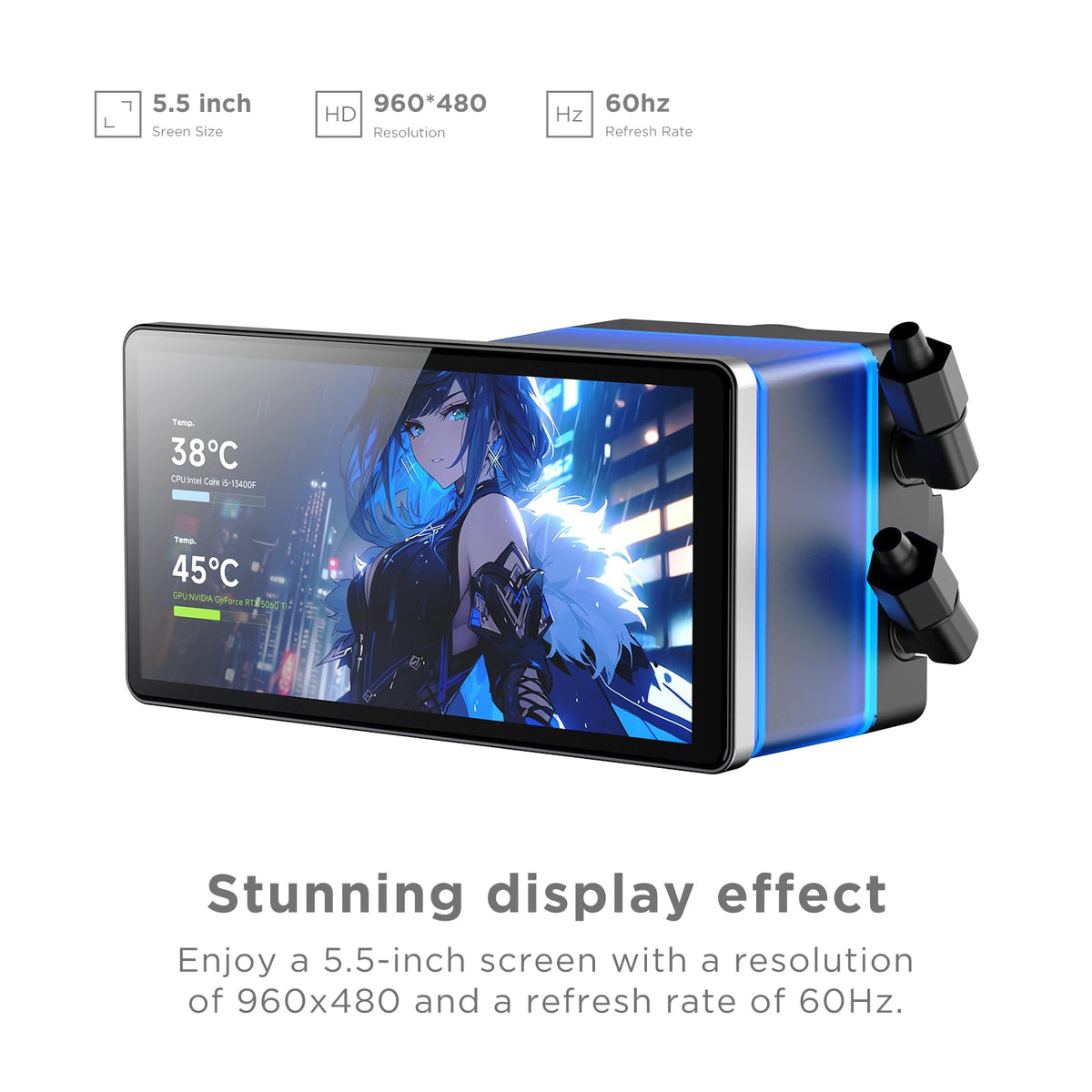 Close-up perspective of the rotatable 5.5-inch smart LCD screen displaying real-time desktop hardware temperatures.