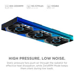 Side profile of the black 360mm aluminum radiator and braided cooling tubes on the Jungle Leopard liquid cooler.