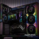 A fully assembled black gaming desktop setup utilizing the Jungle Leopard 360mm liquid cooling system.