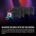 Thermaltake dual 120 millimeter addressable RGB fans displaying vibrant custom color synchronization patterns.