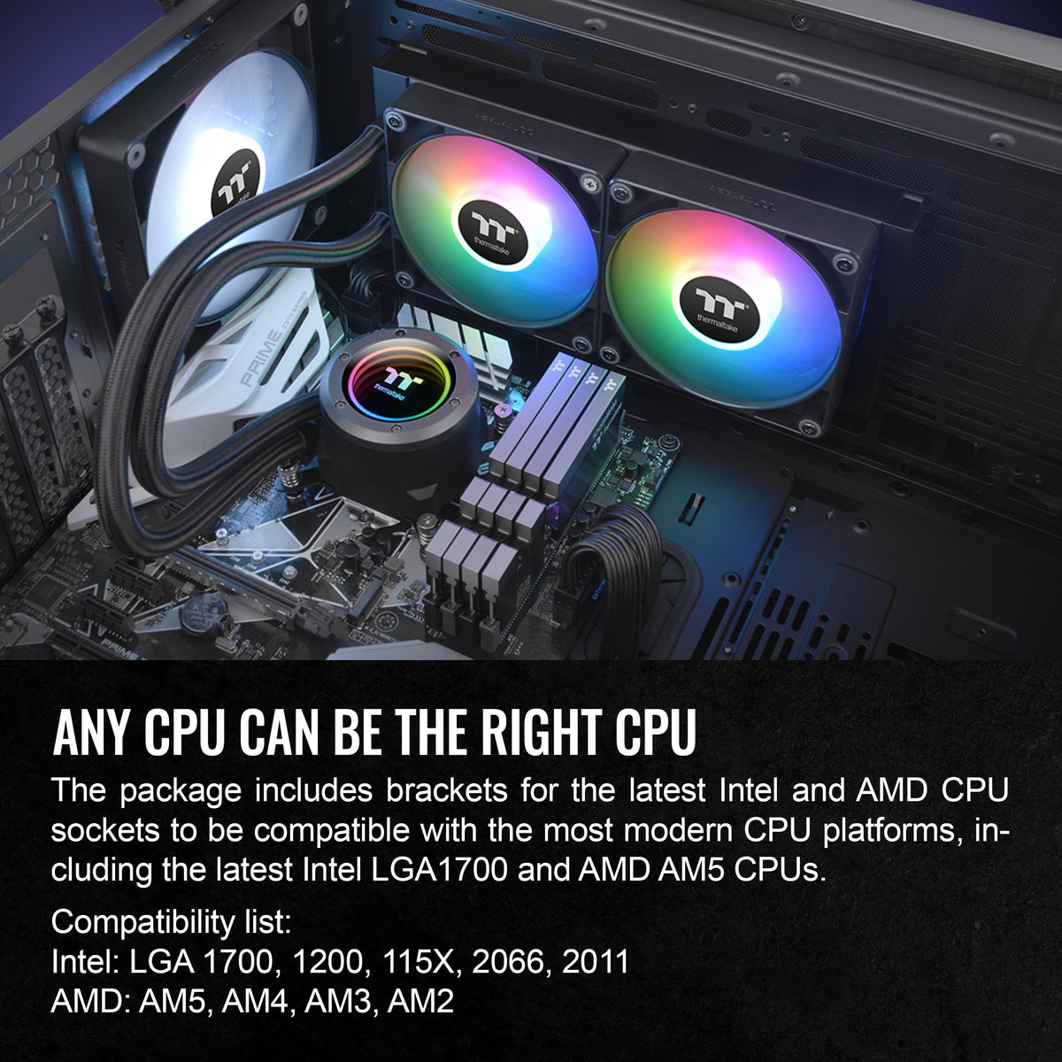 Thermaltake liquid cooler installed inside a mid-tower desktop chassis demonstrating case clearance and cable routing.