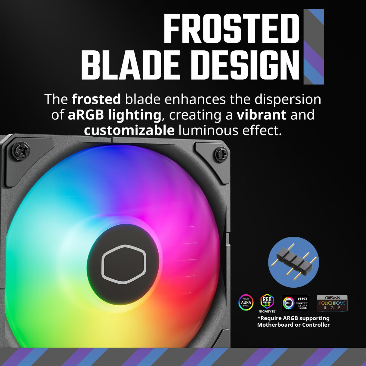 Frosted fan blades showcasing diffused addressable RGB lighting sync inside a modern gaming PC build