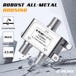 G-PLUG coaxial signal splitter angled view highlighting the durable metal housing