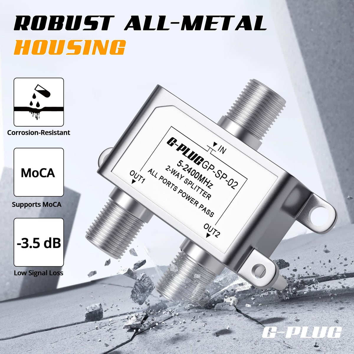 G-PLUG coaxial signal splitter angled view highlighting the durable metal housing